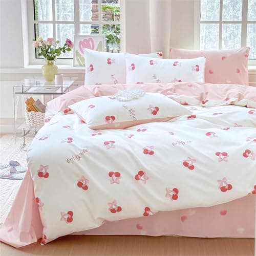 Freyamy Housse de Couette 140x200 Coeurs Cerises Blanc Rose Parure de lit
