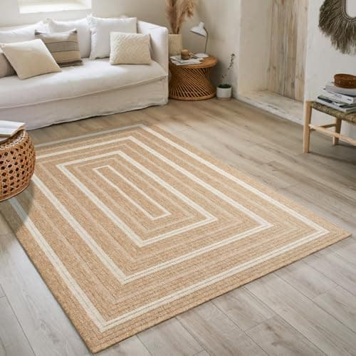 Nazar Tapis Naturel Bohème aspect jute pour salon et chambre 120 x 170 cm Blanc