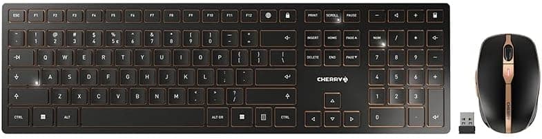 CHERRY DW 9000 Slim, Ensemble Clavier et Souris sans Fil, Disposition EU (QWERTY), Bluetooth & Radio 2,4 GHz, Touches Silencieuses, Rechargeable, Noir Bronze