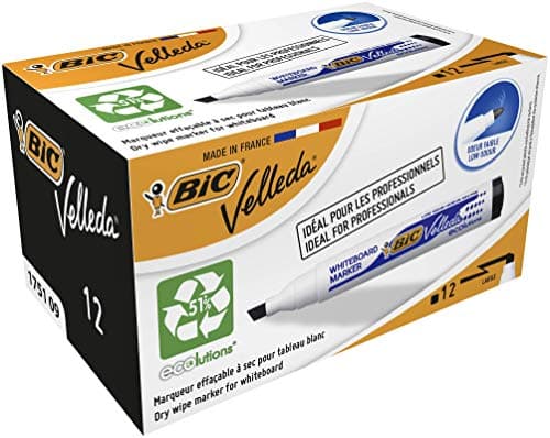 BIC Velleda 1751 ECOlutions Feutres pour Tableau Blanc Pointe Large Biseautée Noir Boîte de 12