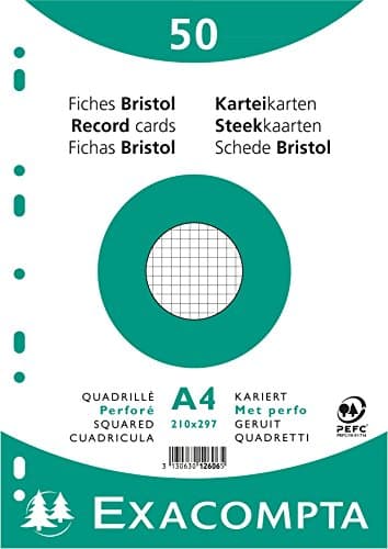 Exacompta 50 Fiches Bristol 5x5 Perforées A4 Blanc Sachet de 50