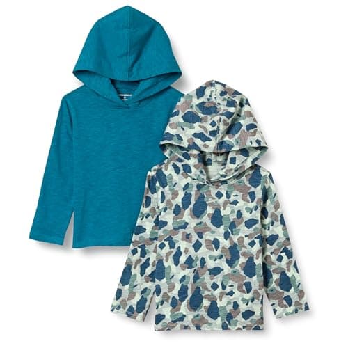 Amazon Essentials T-shirt léger à capuche et manches longues Garçon, Lot de 2, Bleu Sarcelle/Camouflage, 5 ans