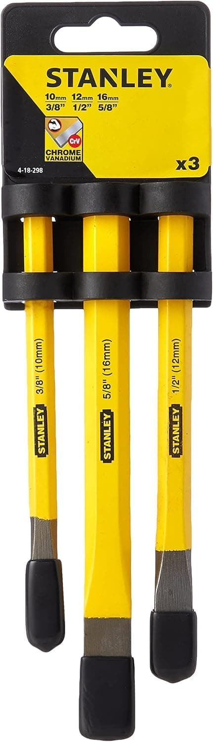 Stanley 4-18-298Kit de Burins 3 Pieces 140 x 10 mm, 150 x 13 mm et 170 x 16 mm Acier Chrome Vanadium - Finition en Poudre - Applications Professionnelles - Puissance Importante - Compacts et Legers Jaune/Noir