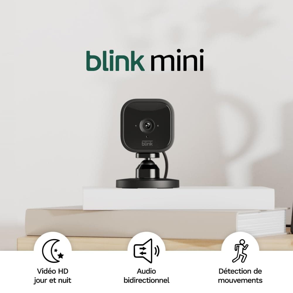 Blink Mini | Caméra d'intérieur connectée compacte à brancher | Vidéo HD 1080p, vision nocturne, détection de mouvements, audio bidirectionnel, config. facile, fonctionne avec Alexa | 1 caméra, Noir