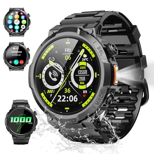 Soudorv Montre Connectée Homme Militaire 1000mAh avec Lampe LED Noire