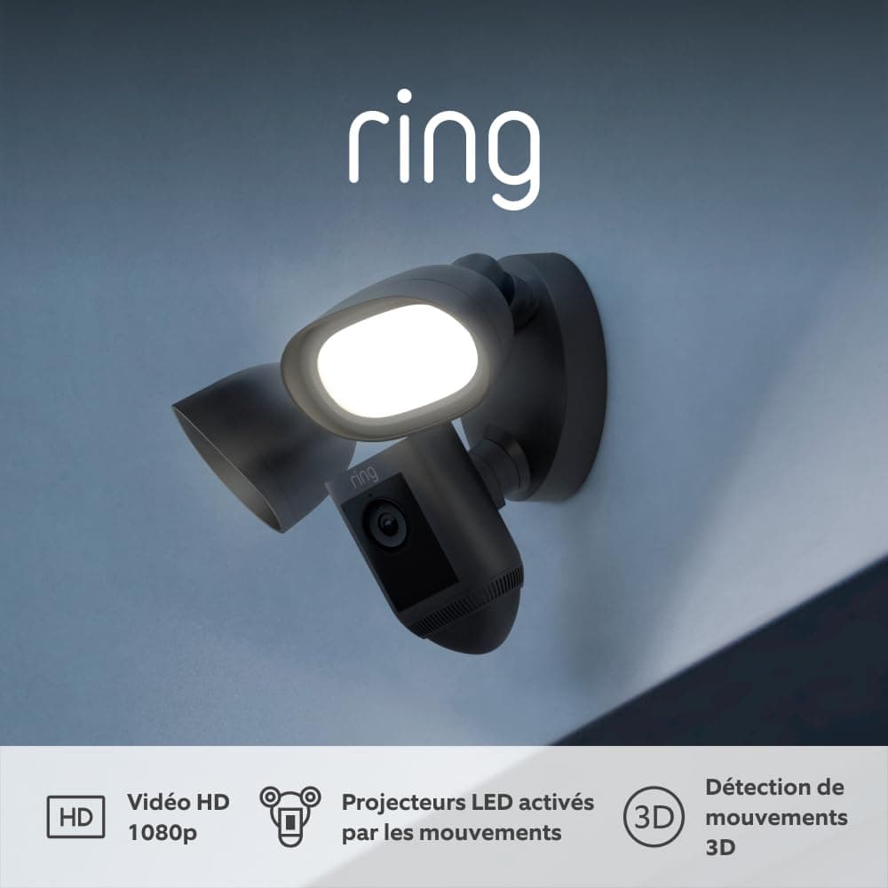 Ring caméra Floodlight Pro filaire (Floodlight Cam Wired Pro) |Vidéo 2K avec Ring Vision, détection de mouvements 3D | Essai gratuit de Ring Home pendant 30 jours |2 Caméras