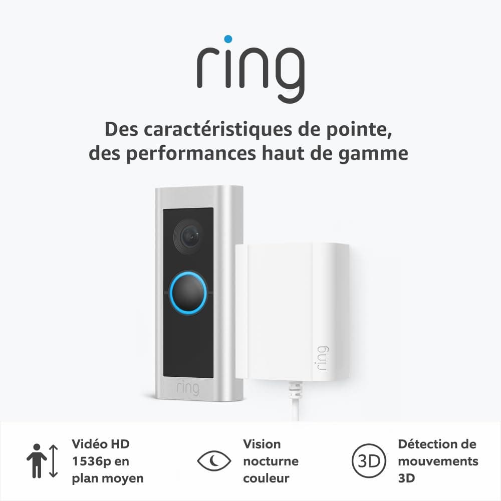 Ring Sonnette vidéo Pro filaire (anciennement Video Doorbell Pro 2) + adaptateur secteur | Sonnette avec vidéo 1536p HD en plan moyen, détection de mouvements 3D | Essai Ring Home gratuit 30 j.