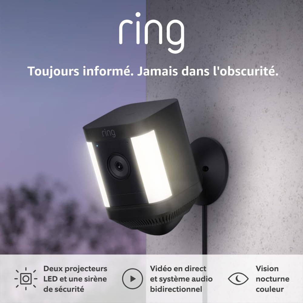Ring Caméra Spotlight Plus avec adaptateur secteur (Spotlight Cam Plus Plug-in)| Caméra de surveillance extérieure wifi HD, audio bidirectionnel, projecteurs LED | Essai Ring Home gratuit 30 j.