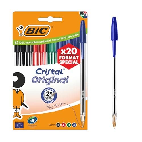 BIC Cristal Original Stylos-Bille Pointe Moyenne (1,0 mm) avec Capuchons et Embouts Assortis - Couleurs Assorties, Pochette Format Spécial de 20