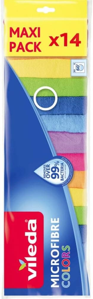 Vileda - Lavettes Microfibres Colors Multi-Usages - Efficacité Nettoyante Multi-Surfaces sans Trace - Torchons Cuisine Absorbants et Lavables - Chiffons Microfibres Ménage Haute Absorption - Lot de 14