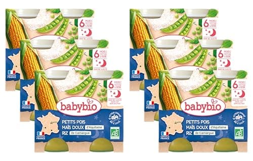 Babybio - Bonne Nuit - Petits Pots Petits Pois Maïs Doux d'Aquitaine Riz 2x200g - 6+ Mois - BIO - Lot de 6