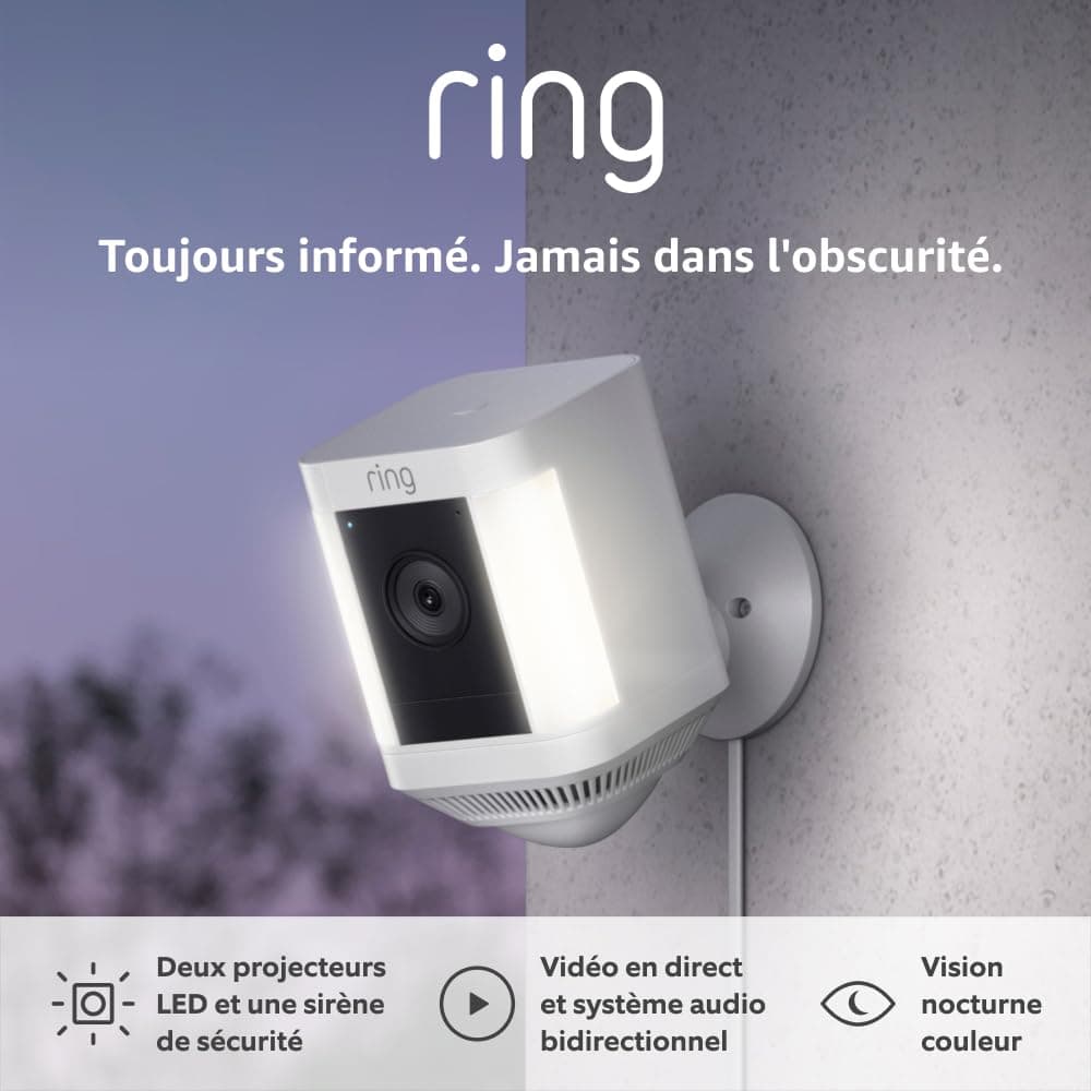 Ring Caméra Spotlight Plus avec adaptateur secteur (Spotlight Cam Plus Plug-in)| Caméra de surveillance extérieure wifi HD, audio bidirectionnel, projecteurs LED | Essai Ring Home gratuit 30 j.