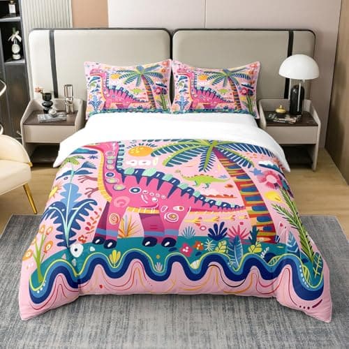 Loussiesd Parure de lit 100 % coton motif dinosaure et plantes Housse de couette 155 x 220 cm
