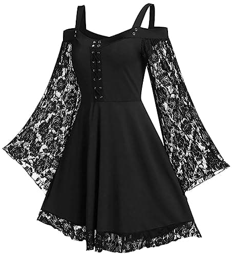 Costume d'Halloween rétro pour femme - Robe élégante manches longues - Noir - Taille standard