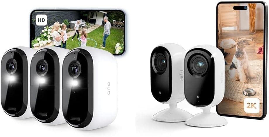Arlo Essential 2 HD, Caméra de Surveillance WiFi Extérieure sans Fil, Autonomie de 6 Mois, Vision Nocturne Couleur, Essai Secure Inclus, 3 Caméras Blanc + Essential 2 Indoor 2K, 2 Caméras Blanc