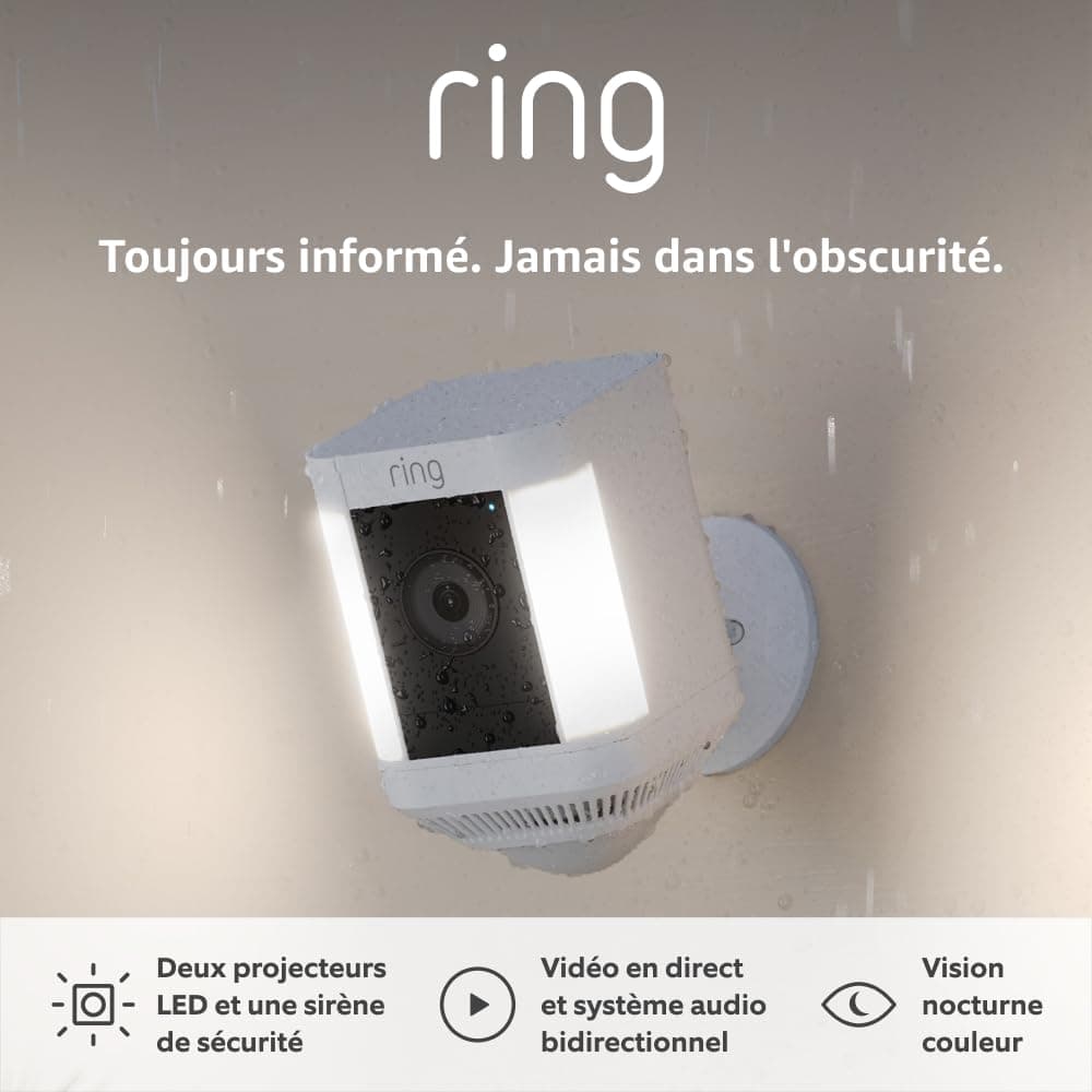 Ring Caméra Spotlight Plus sans fil (Spotlight Cam Plus Battery)| Caméra surveillance extérieure wifi, vidéo HD 1080p, audio bidirectionnel, projecteurs LED | Essai Ring Home gratuit 30 j.