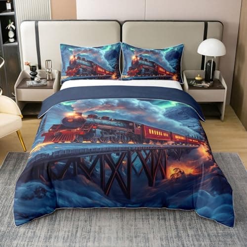 Parure de lit 100 % coton Motif train vintage 155 x 220 cm avec une taie d'oreiller