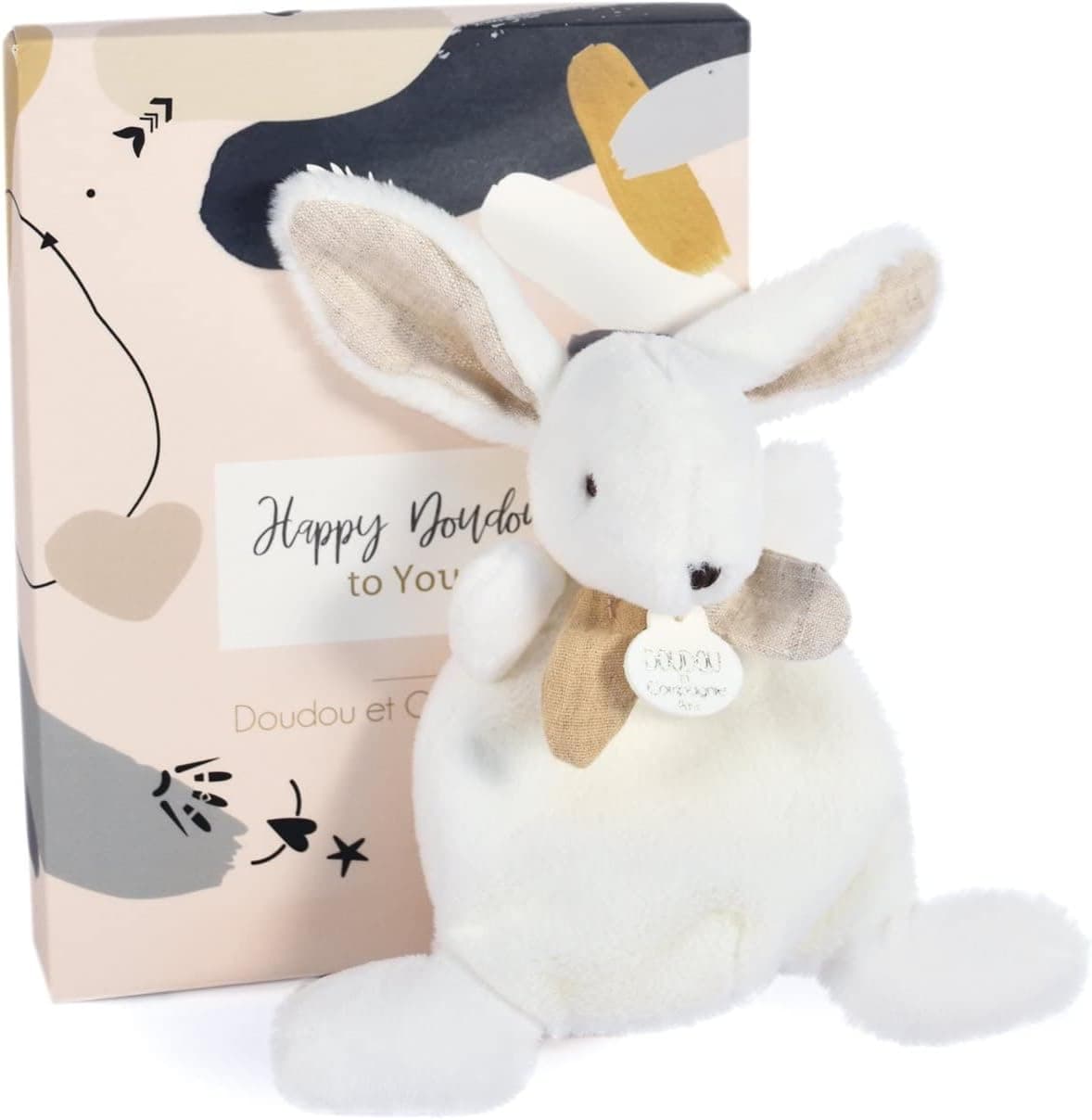 DOUDOU ET COMPAGNIE - Petit Doudou Lapin Plat - Blanc & Beige - 17 cm - Collection Happy Wild - Peluche Toute Douce - Idée Cadeau Naissance pour Bébé - Garantie Doudou Perdu - DC3881