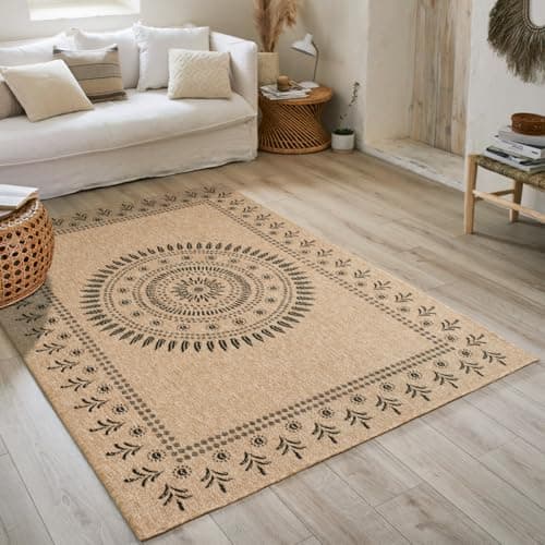 Nazar Tapis Naturel Bohême aspect jute pour salon et chambre 120x170 cm Noir