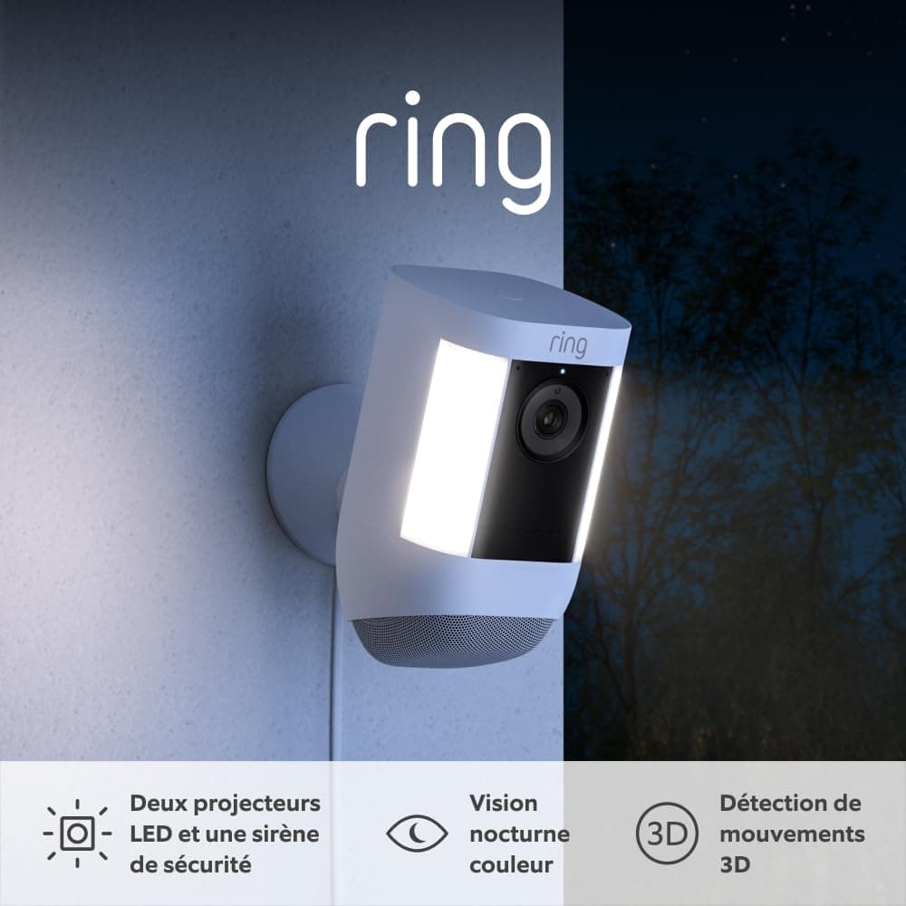 Caméra Spotlight Pro avec adaptateur secteur (Spotlight Cam Pro Plug-in) | Caméra extérieure, Vidéo 2K, Ring Vision, détection de mouvements 3D| Essai gratuit de Ring Home pendant 30 jours