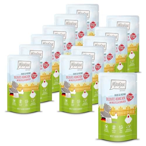 MjAMjAM - Premium Nourriture Humide pour Chats - Quetschie - Chicks & Friends Poulet délicat aux Fraises fruitées, Paquet de 12 (12 x 125g), sans céréales