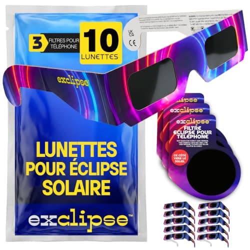 Lunettes Éclipse Solaire 10 Pack avec 3 Filtres Smartphone Certifiées ISO 12312-2