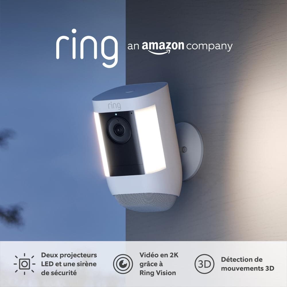 Caméra Spotlight Pro sans fil (Spotlight Cam Pro Battery) | Vidéo 2K avec Ring Vision, détection de mouvements 3D, à installer soi-même | Essai gratuit de l'abonnement Ring Home pendant 30 jours