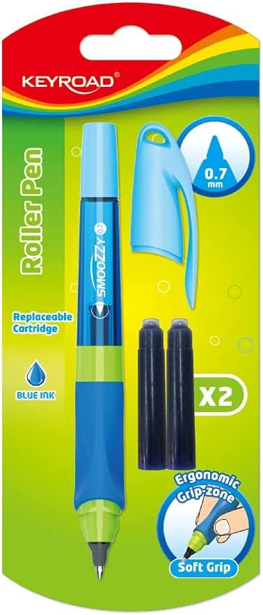 Keyroad SMOOZZY WRITER Stylo roller ergonomique 0,7 mm/encre bleue incluse 2 cartouches d'encre bleue/poignée en caoutchouc antidérapant/couleurs mélangées, Assorties (Bleu/Rose)