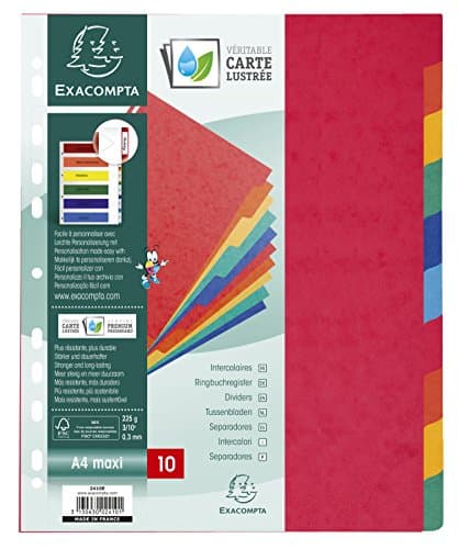 Exacompta Intercalaires 10 onglets A4 Carte lustrée souple Couleurs assorties 2410E