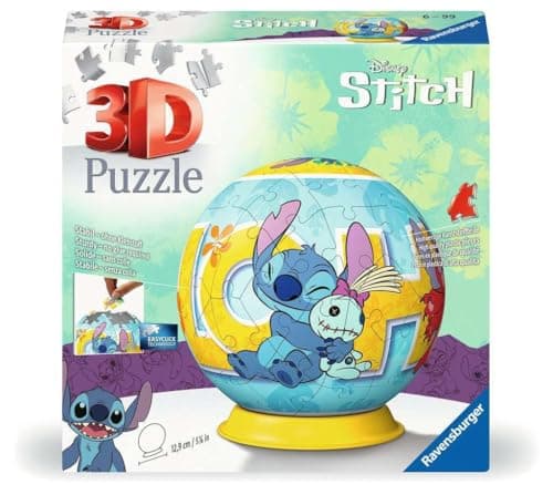 Ravensburger - Puzzle 3D Ball - Stitch - A partir de 6 Ans - 73 pièces numérotées à Assembler sans Colle - Support Inclus - Diamètre : 12,9 cm - 11596