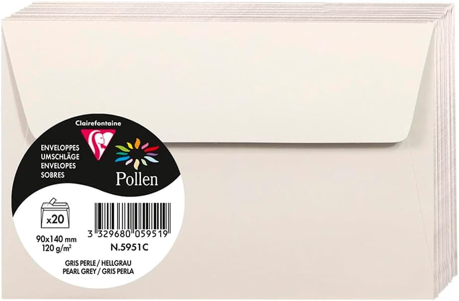 Clairefontaine 5951C - Paquet de 20 Enveloppes Auto-Adhésives - Format 9x14cm - 120g/m² - Coloris Gris Perle - Invitation Evènements et Correspondance - Gamme Pollen - Papier Premium Lisse