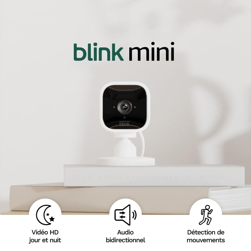 Blink Mini | Caméra d'intérieur connectée compacte à brancher | Vidéo HD 1080p, vision nocturne, détection de mouvements, audio bidirectionnel, config. facile, fonctionne avec Alexa | 2 caméras, Blanc