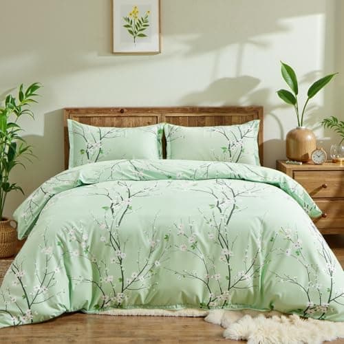 Freyamy Housse de Couette 200x200cm Fleurs Vert Parure de lit