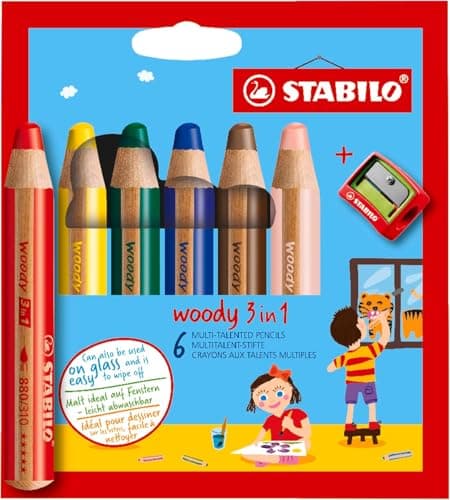 STABILO Crayon de couleur woody 3en1 Etui carton x 6 coloris assortis avec taille-crayon