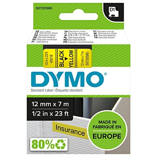 DYMO Ruban d’Étiqueteuse D1 Standard, 12 mm x 7 m, Noir sur Jaune