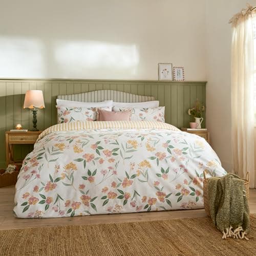 furn. Parure de lit réversible Betsie Nature - Motifs floraux et rayés (Jaune - King)