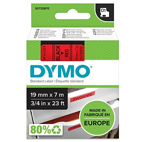 DYMO D1 Ruban Etiquette Standard Noir sur Fond Rouge 19 mm x 7 m