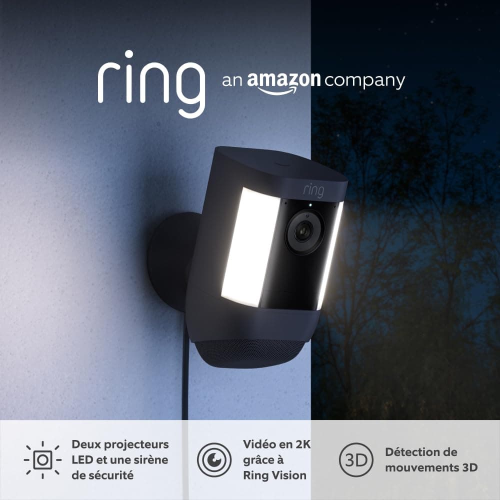Ring caméra Spotlight Pro filaire (Spotlight Cam Pro Wired) | Caméra de surveillance d'extérieur Vidéo 2K avec Ring Vision, détection de mouvements 3D | Essai gratuit de Ring Home pendant 30 jours