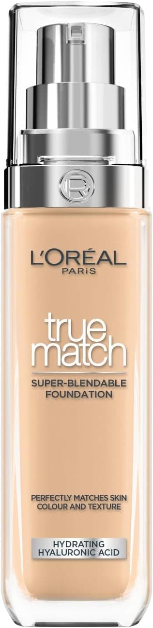 Fond de teint liquide True Match de L'Oréal Paris, soin de la peau infusé à l'acide hyaluronique, SPF 17, disponible en 40 teintes, nuance chaude de 3 D/3 W, 30 ml