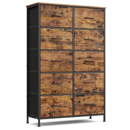SONGMICS Commode 10 Tiroirs Style Moderne Marron Rustique et Noir