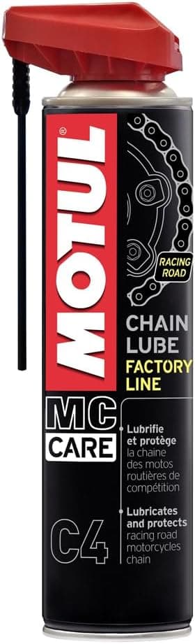 Motul - Lubrifiant Chaîne Moto Routière de Compétition - Aérosol Blanc pour Application Facile - Vitesse et Endurance - Compatible Joints Toriques - MC Care Chain Lube Factory Line C4-400 ml
