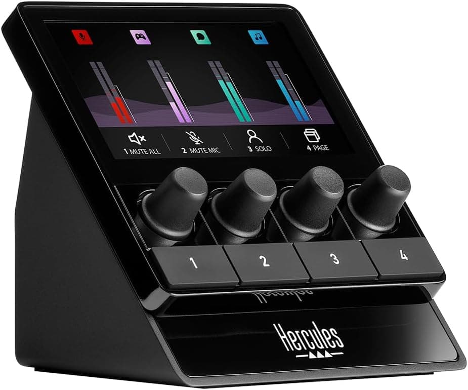 Hercules Stream 100 – Contrôleur de Streaming Audio avec Écran LCD Dynamique – Monitoring en Temps Réel, 4 Boutons d'Action et 25 Touches Tactiles – Console de Mixage USB pour OBS, Twitch en PC/Mac
