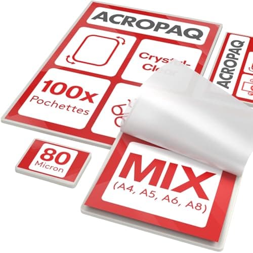 ACROPAQ Lot de 100 feuilles de plastification MIX 80 microns, différentes tailles, finition brillante