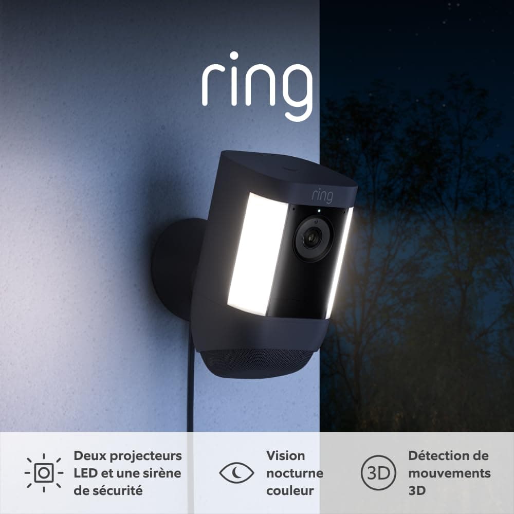 Caméra Spotlight Pro avec adaptateur secteur (Spotlight Cam Pro Plug-in) | Caméra extérieure, Vidéo 2K, Ring Vision, détection de mouvements 3D| Essai gratuit de Ring Home pendant 30 jours