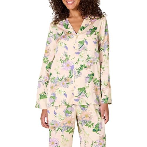 Amazon Essentials Chemise de nuit en satin à manches longues pour femme Beige Pêche Fleuri Taille L