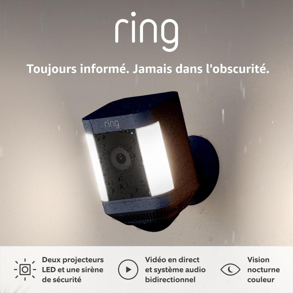 Ring Caméra Spotlight Plus sans fil (Spotlight Cam Plus Battery)| Caméra surveillance extérieure wifi, vidéo HD 1080p, audio bidirectionnel, projecteurs LED | Essai Ring Home gratuit 30 j.