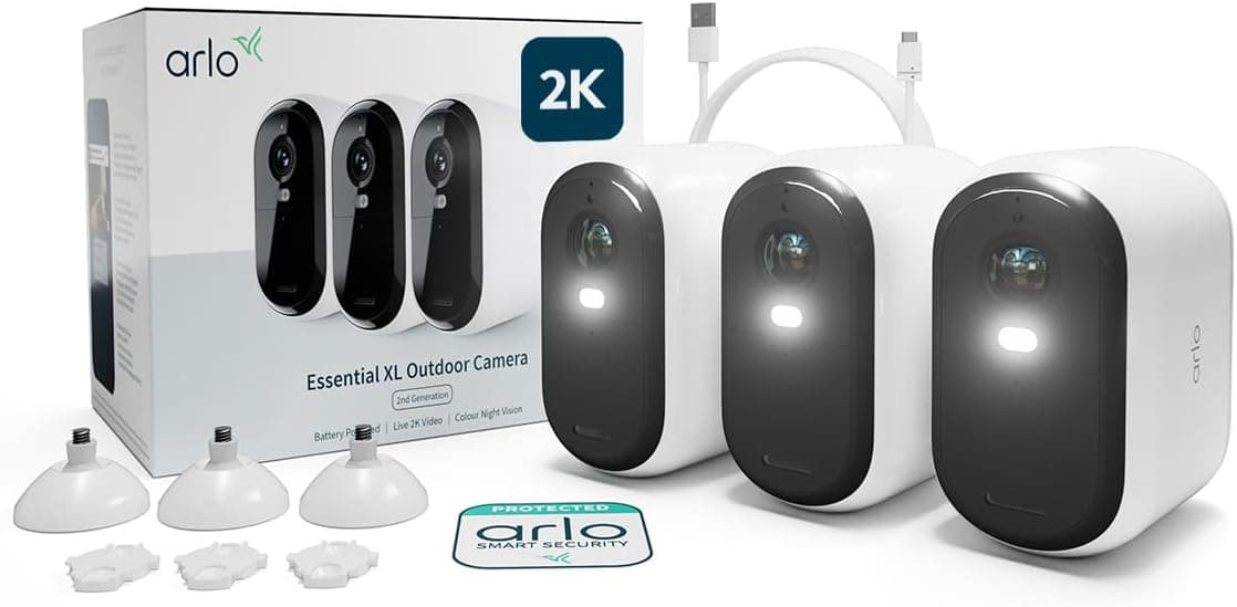 Arlo Essential 2, Caméra de Surveillance WiFi 2K, 3 Caméras, Batterie XL