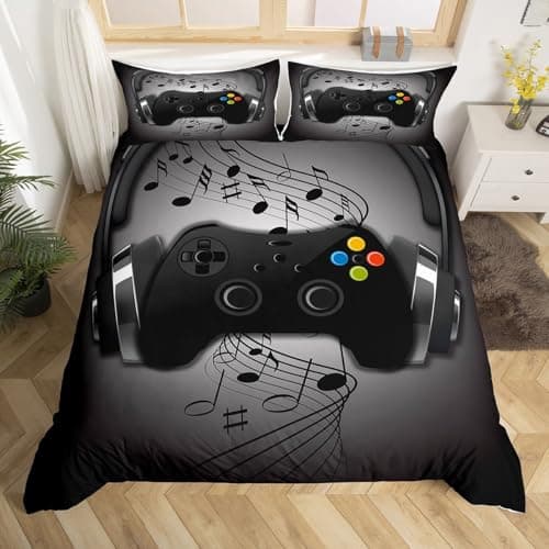 Parure de lit housse de couette gaming noir et gris motif casque 155x220 cm