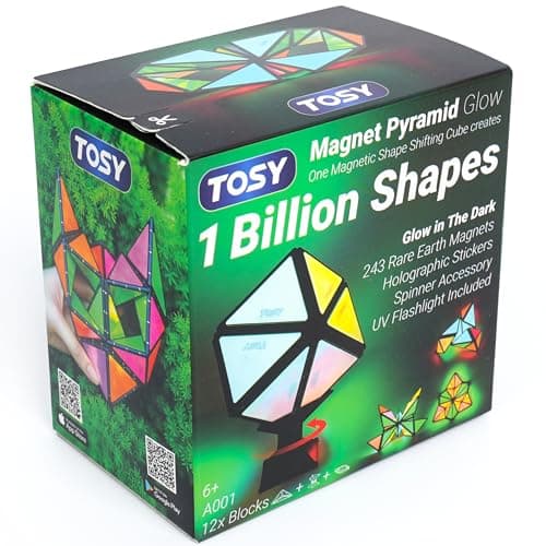 TOSY Magnet Pyramid Glow - 1 Cube Transformable en 1 Milliard de Formes, 12 pièces, 243 aimants, Phosphorescent, Blocs magnétiques, Puzzle créatif, Jouet éducatif STEM/Steam