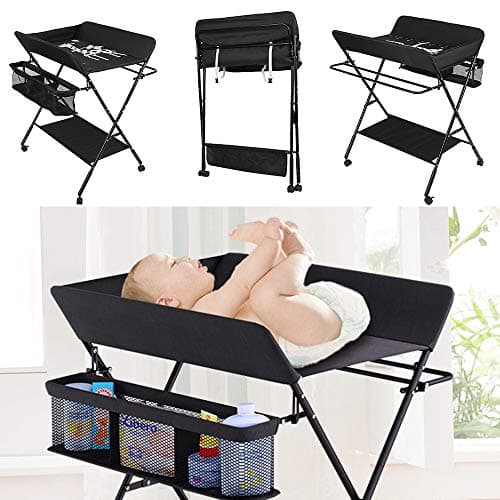 Table à langer pliante réglable en hauteur avec panier et roues Noir